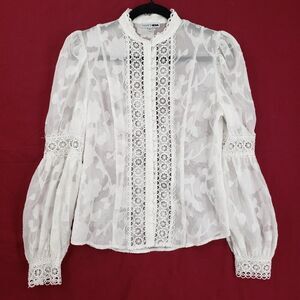 Fashion Nova Blouse Womens XS White Sheer Lace Mock Neck Long Sleeve Floral